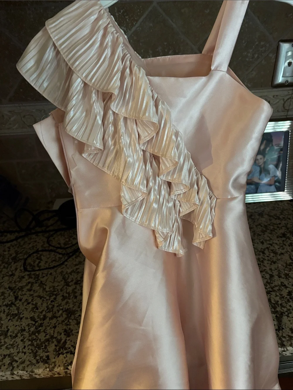 Bonnie Jean Light Pink Satin One-Shoulder Ruffle Dress